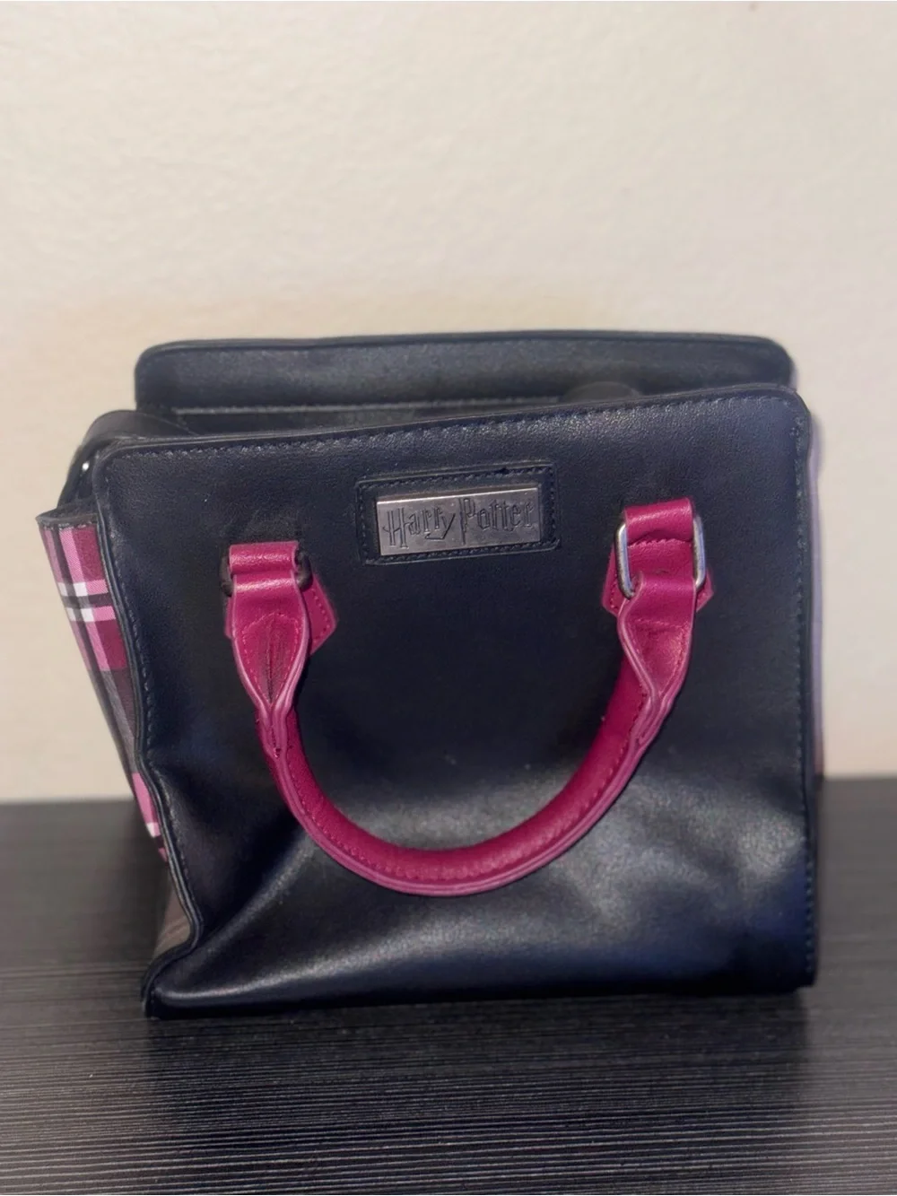 Navy and Magenta Embroidered Satchel Handbag